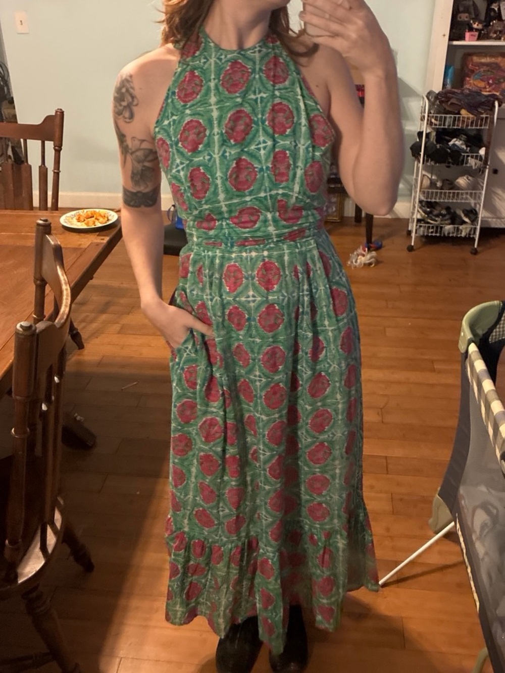 Banjanan Green Maxi Dress with Pink Medallion Print